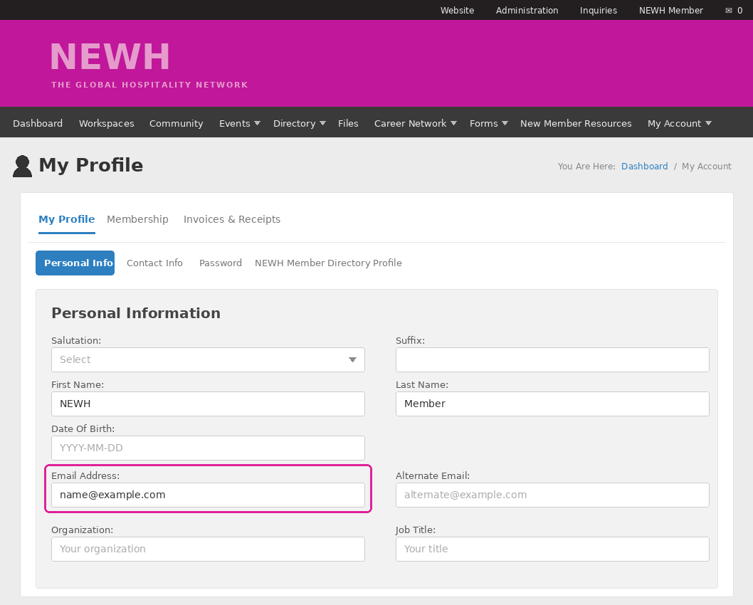 Screenshot showing where to update your login email in the NEWH member portal
